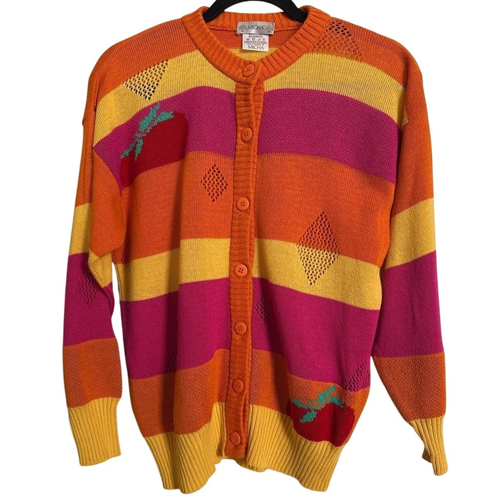 Vintage Micha Denmark Cardigan - Striped Fruit Apple Patch Sweater Sz S (US 4/6)